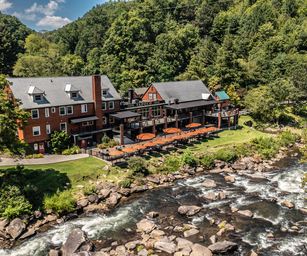 Aerial view of the lodge along the river
