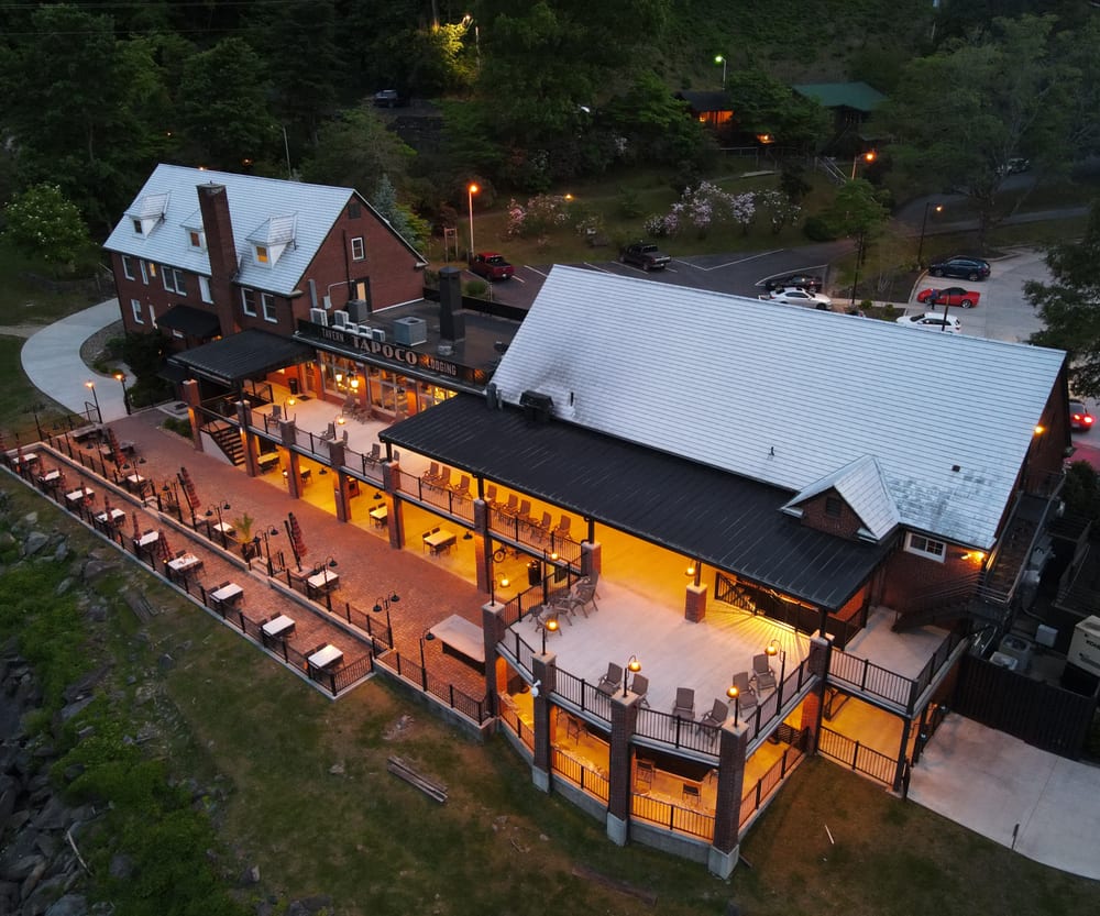 The lodge exterior lit at dusk